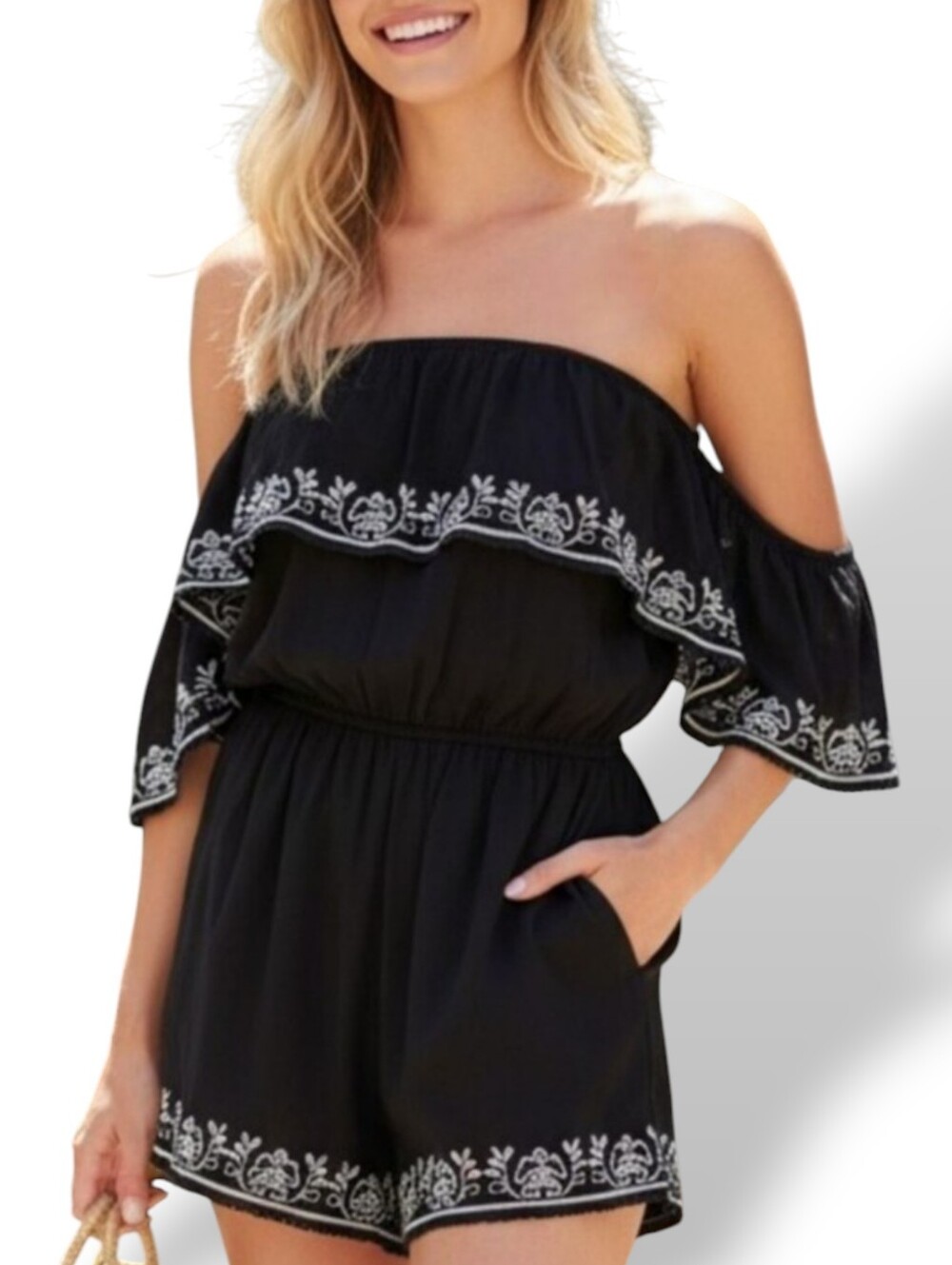 😎💕4/$20 Adorable Romper by "Me to We" Black and White w/Embroidery
